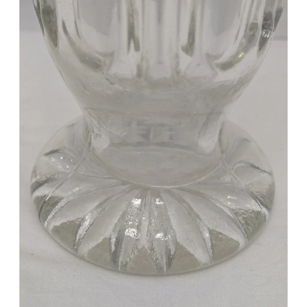 Vtg Clear Pressed Glass Pedestal Vase, Scalloped Fan Diamond Rim Footed Trumpet